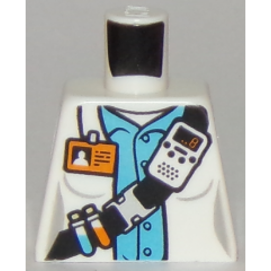 Torso Town Scientist Female with White Shirt Over Medium Blue Shirt, Name Tag, Beakers, and Radio Pattern
