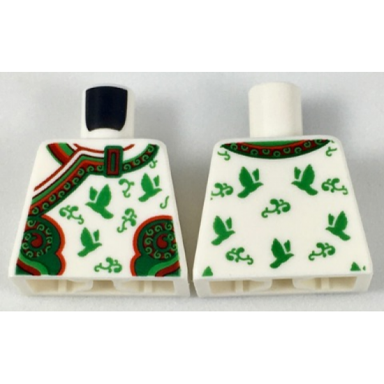 Torso Kimono Robe with Ornate Red and Green Trim, Birds and Flowers Pattern
