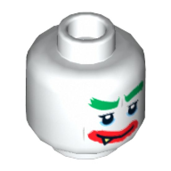 Minifigure, Head Dual Sided Green Eyebrows, Red Lips, 1 Fang, Sardonic Smile / Wide Grin, Worried Pattern (The Joker) - Hollow Stud