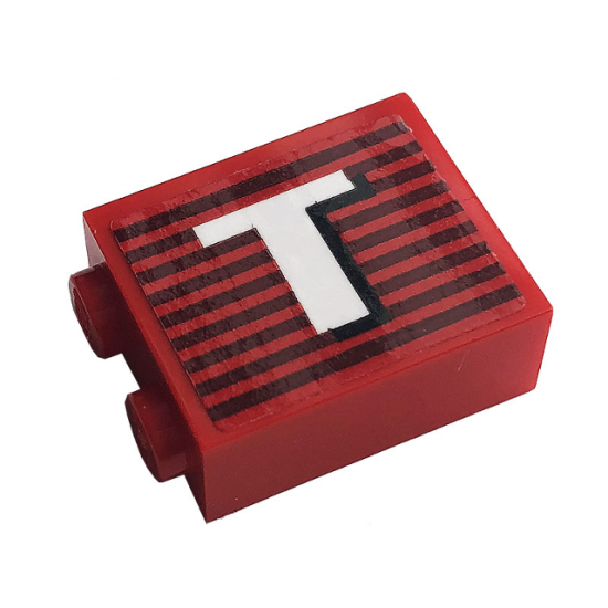 Brick 1 x 2 x 2 with Inside Stud Holder with Gray Stripes and White Letter 'T' Pattern Model Left Side (Sticker) - 10272