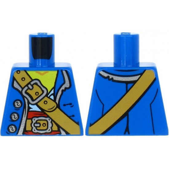 Torso Pirate Open Jacket with Silver Collar and 3 Buttons over Red and Bright Light Blue Shirt, Dark Tan Crossbelt Pattern