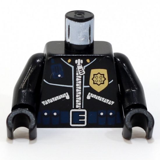 Torso Police Leather Jacket, Gold Badge, Radio, Ammo Belt, Police Pattern on Back / Black Arms / Black Hands