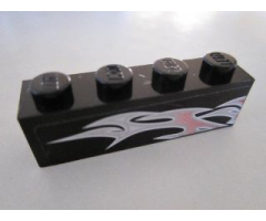 Brick 1 x 4 with Silver and Pink Flames on Black Background Pattern Model Right Side (Sticker) - Set 8495