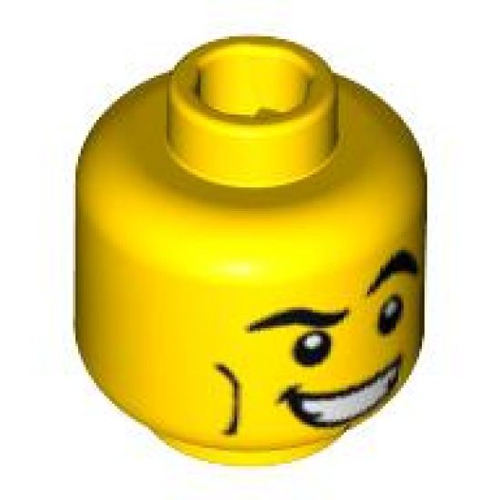 Minifigure, Head Male Black Crooked Eyebrows, Vertical Cheek Lines, White Mouth and White Pupils Pattern - Blocked Open Stud