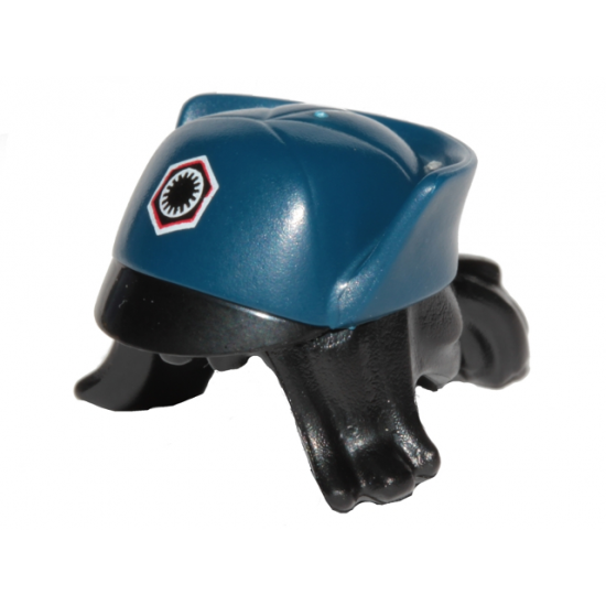Minifigure, Hair Combo, Hair with Hat, Swept Sideways with Ponytail, Black, White and Red First Order Insignia and Black Flap Pattern