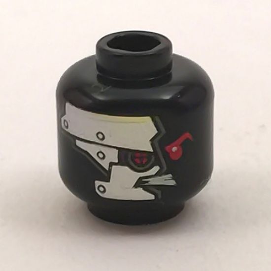 Minifigure, Head Alien with Mechanical Right Eye Red, Silver Plates on Front Pattern - Hollow Stud