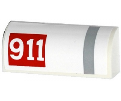 Slope, Curved 1 x 4 x 1 1/3 with '911' in Red Rectangle and Gray Stripe Pattern Model Left Side (Sticker) - Set 75912
