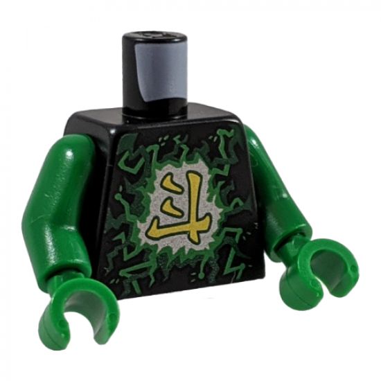 Torso Ninjago Green and Lime Airjitzu Electricity and Gold Ninjago Logogram 'Energy', Dragon Symbol on Back Pattern / Green Arms / Green Hands