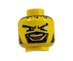 Minifigure, Head Moustache Open Mouth, Goatee, V Brow Eyes, Black Hair, Stubble Pattern - Blocked Open Stud
