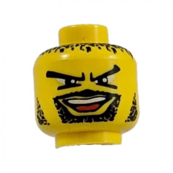 Minifigure, Head Moustache Open Mouth, Goatee, V Brow Eyes, Black Hair, Stubble Pattern - Blocked Open Stud