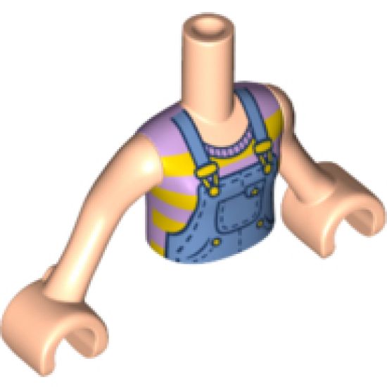 Mini Doll, Torso Friends Girl Medium Blue Overalls over Striped Tank Top Pattern, Light Nougat Arms with Hands