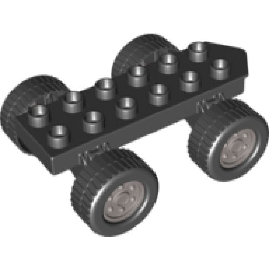 Duplo, Vehicle Car Base 2 x 6 with Four Black Wheels and Metallic Silver Hubs