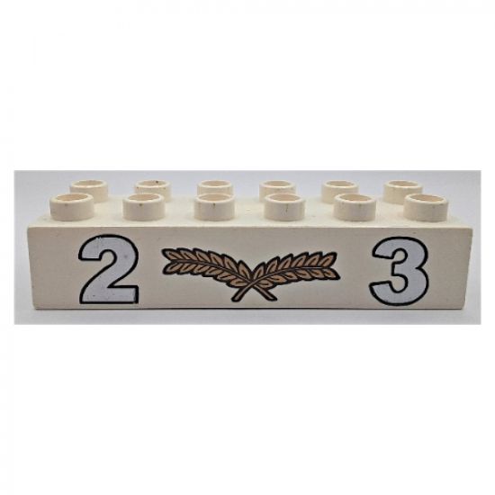 Duplo, Brick 2 x 6 with Silver Numbers 2 and 3 with Center Gold Laurels Pattern