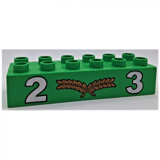 Duplo, Brick 2 x 6 with Silver Numbers 2 and 3 with Center Gold Laurels Pattern