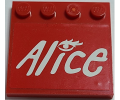 Tile, Modified 4 x 4 with Studs on Edge with White 'Alice' Logo and Eye with Eyelashes on Red Background Pattern (Sticker) - Set 8157