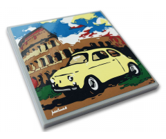Tile 6 x 6 with Bottom Tubes with Yellow Fiat 500, Colosseum and White Signature Pattern (Sticker) - Set 10271