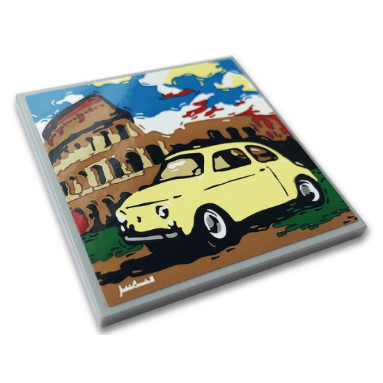 Tile 6 x 6 with Bottom Tubes with Yellow Fiat 500, Colosseum and White Signature Pattern (Sticker) - Set 10271