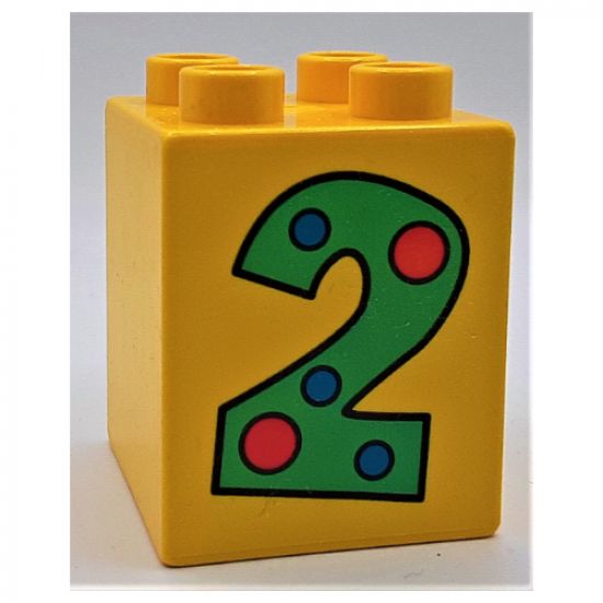 Duplo, Brick 2 x 2 x 2 with Number 2 with Polka Dots Pattern