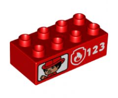 Duplo, Brick 2 x 4 with Firefighter, Fire Badge Logo, and '123' Pattern on Both Sides