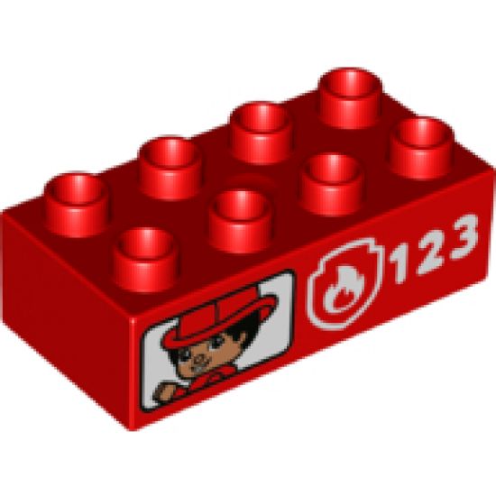 Duplo, Brick 2 x 4 with Firefighter, Fire Badge Logo, and '123' Pattern on Both Sides