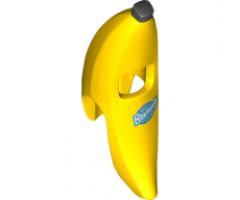 Minifigure, Headgear Head Cover, Costume Banana with Black Tips and Blue and White 'BANANA!' Label Pattern