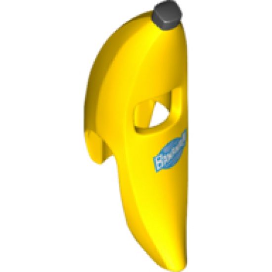 Minifigure, Headgear Head Cover, Costume Banana with Black Tips and Blue and White 'BANANA!' Label Pattern