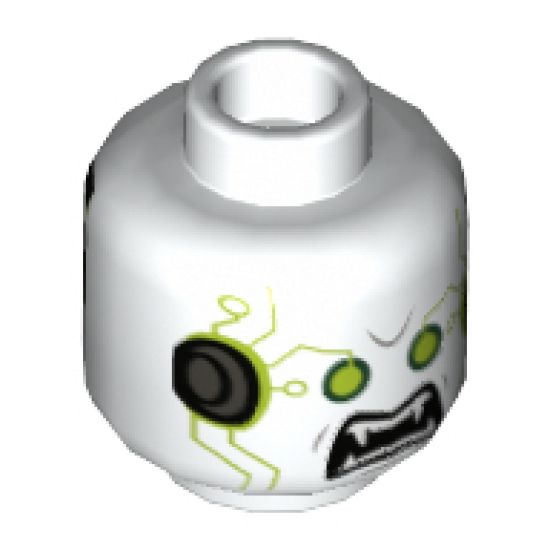 Minifigure, Head Alien Lime Eyes and Circuitry, Fangs, Cybernetic Implants on Temples and Back of Head Pattern - Hollow Stud