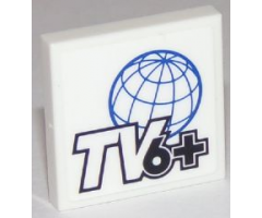 Tile 2 x 2 with Black and White 'TV6+' and Blue Globe on White Background Pattern (Sticker) - Set 60111