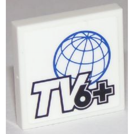 Tile 2 x 2 with Black and White 'TV6+' and Blue Globe on White Background Pattern (Sticker) - Set 60111