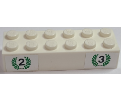 Brick 2 x 6 with Numbers 2 and 3 in Green Laurels on White Background Pattern (Stickers) - Set 6337