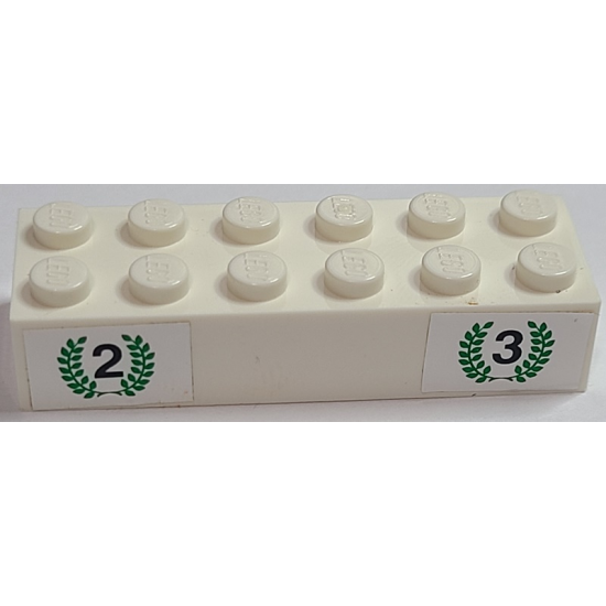 Brick 2 x 6 with Numbers 2 and 3 in Green Laurels on White Background Pattern (Stickers) - Set 6337