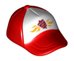 Minifigure, Headgear Cap - Short Curved Bill with Seams and Button on Top and Flames and Kebab on White Pattern