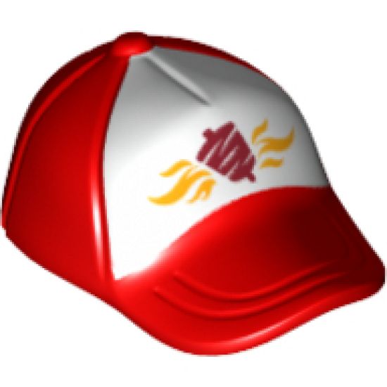 Minifigure, Headgear Cap - Short Curved Bill with Seams and Button on Top and Flames and Kebab on White Pattern