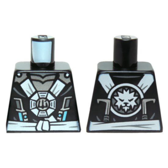 Torso Ninjago White and Silver Straps and Belt, Round Emblem, Weapons and Silver Armor Pattern