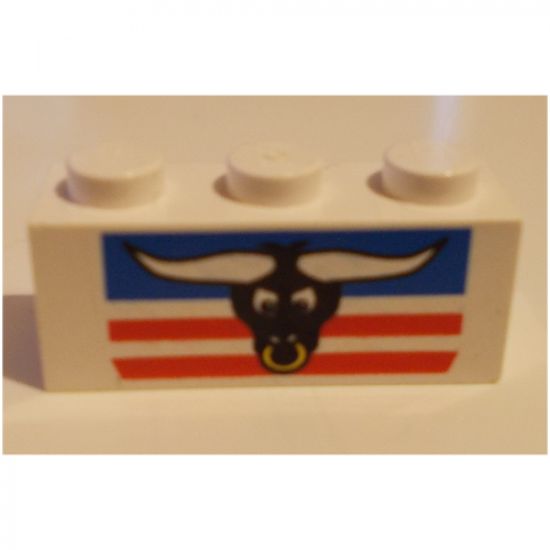 Brick 1 x 3 with Steer / Bull's Head, Blue and Red Stripes Pattern