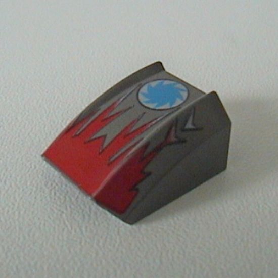 Slope, Curved 2 x 2 Lip with Red Flames and Blue Saw Blade on White Circle Pattern