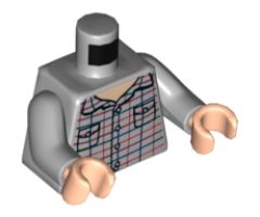Torso Shirt with Buttons, Collar and Pockets, Red, Dark Red and Dark Blue Plaid Lines Pattern / Light Bluish Gray Arms / Light Nougat Hands