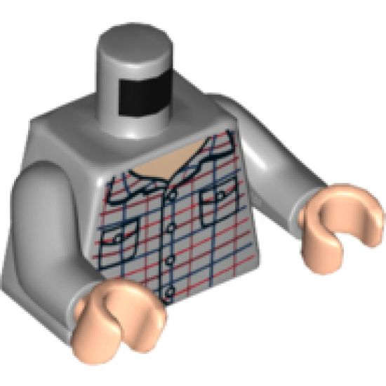 Torso Shirt with Buttons, Collar and Pockets, Red, Dark Red and Dark Blue Plaid Lines Pattern / Light Bluish Gray Arms / Light Nougat Hands