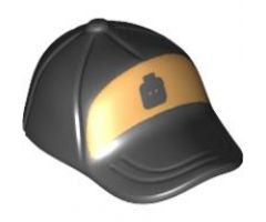 Minifigure, Headgear Cap - Short Curved Bill with Seams and Button on Top and Black Minifigure Head on Metallic Silver Pattern