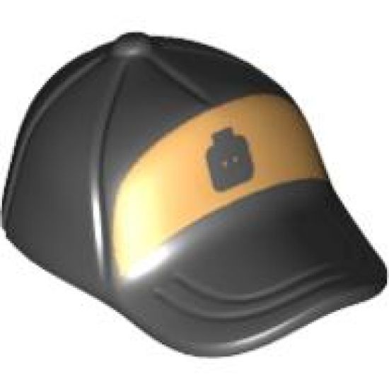 Minifigure, Headgear Cap - Short Curved Bill with Seams and Button on Top and Black Minifigure Head on Metallic Silver Pattern