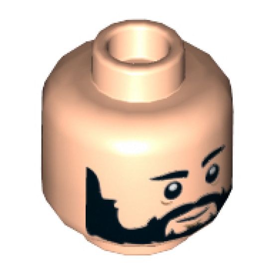 Minifigure, Head Beard Black Full, Black Eyebrows, White Pupils, Medium Nougat Lines Under Eyes and Chin Pattern - Hollow Stud