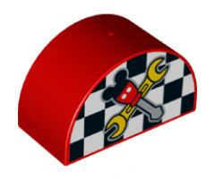 Duplo, Brick 2 x 4 x 2 Curved Top with Checkered Flag and Crossed Tools with Mouse Ears Pattern