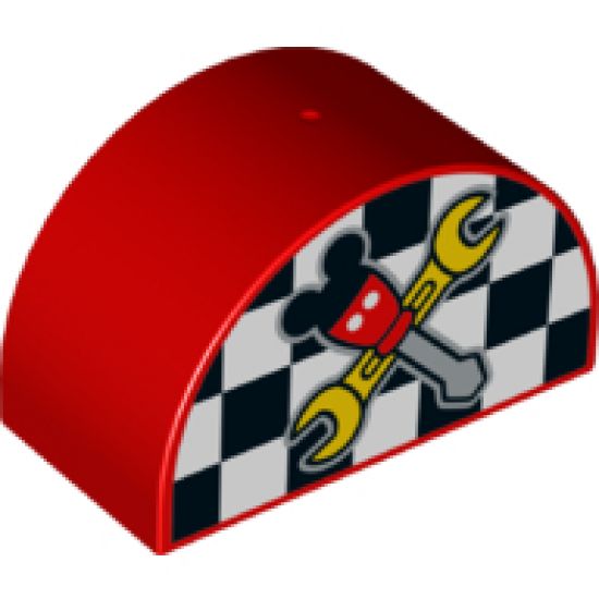 Duplo, Brick 2 x 4 x 2 Curved Top with Checkered Flag and Crossed Tools with Mouse Ears Pattern