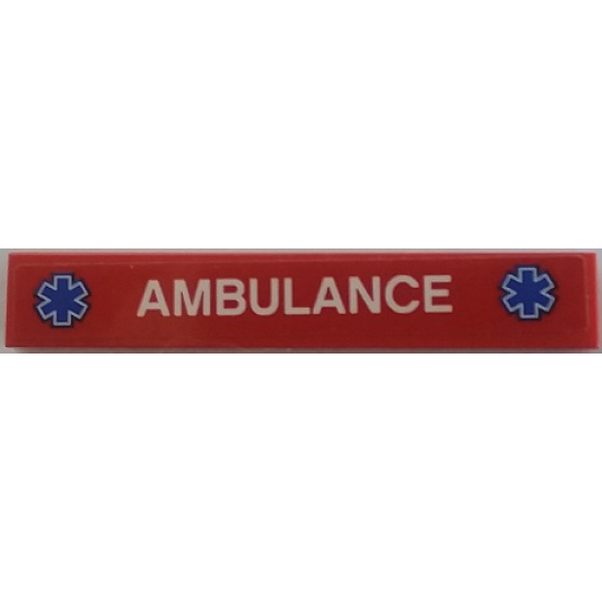 Tile 1 x 6 with White 'AMBULANCE' and Two Blue EMT Star of Life Logos on Red Background Pattern (Sticker) - Set 60179