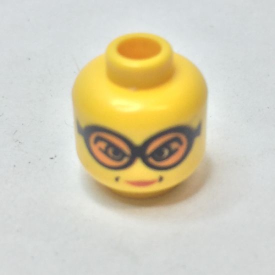 Minifigure, Head Female Glasses with Orange Goggles, Dimples around Lips Pattern - Blocked Open Stud