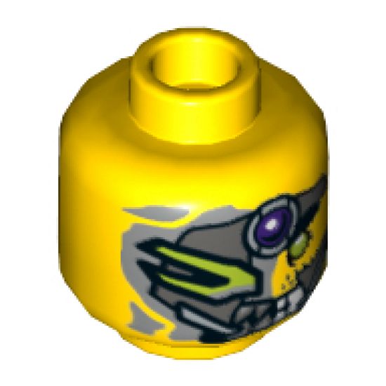 Minifigure, Head Alien with Metal Mask, Purple Jewel, Green Eye, Pointed Teeth Pattern - Hollow Stud