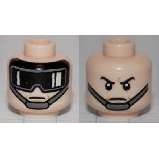 Minifigure, Head Dual Sided Glasses with Black Goggles, Gray Chin Strap / Stern Eyebrows, Gray Chin Strap Pattern - Blocked Open Stud