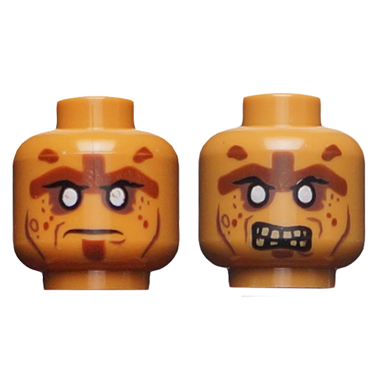 Minifigure, Head Dual Sided Alien PotC Zombie Silver Eyes and Brown Face Lines Closed Mouth / Bared Teeth Pattern - Blocked Open Stud