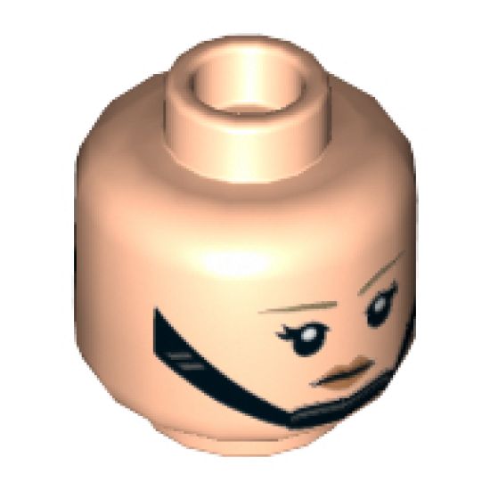 Minifigure, Head Dual Sided Female Dark Tan Eyebrows, Black Chin Strap, Disgusted / Angry Pattern - Hollow Stud
