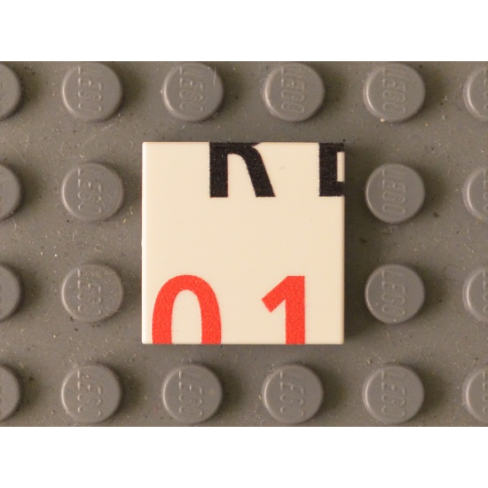 Tile 2 x 2 with Black 'RE' Lower Half and Red '01' Upper Half Pattern